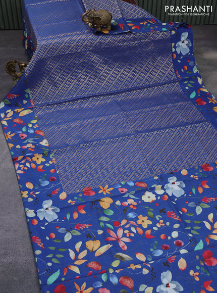 Banarasi silk saree blue with allover zari woven brocade weaves and floral digital printed border