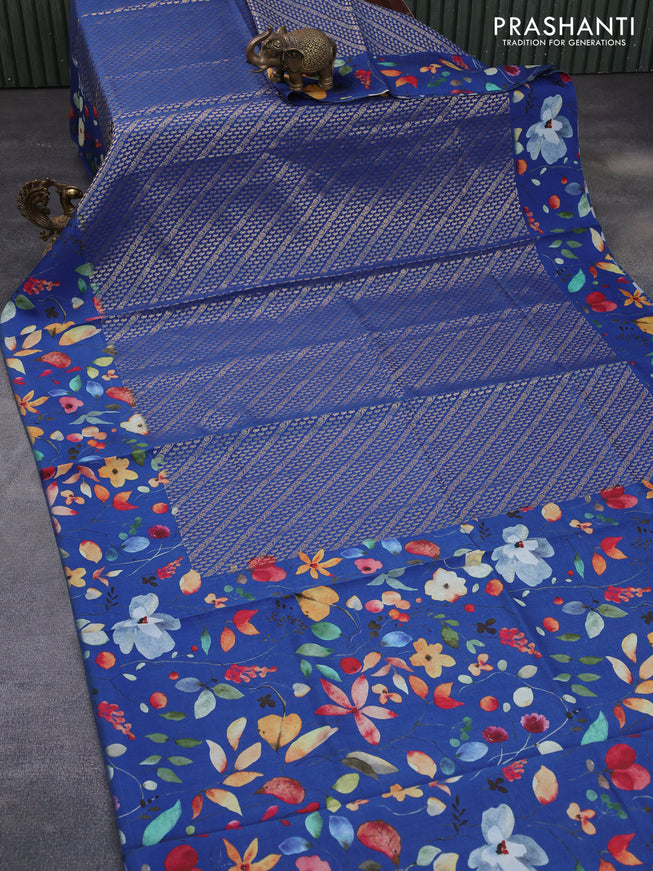 Banarasi silk saree blue with allover zari woven brocade weaves and floral digital printed border