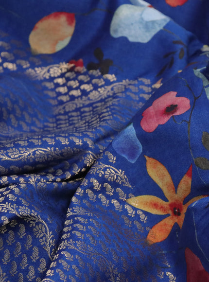 Banarasi silk saree blue with allover zari woven brocade weaves and floral digital printed border