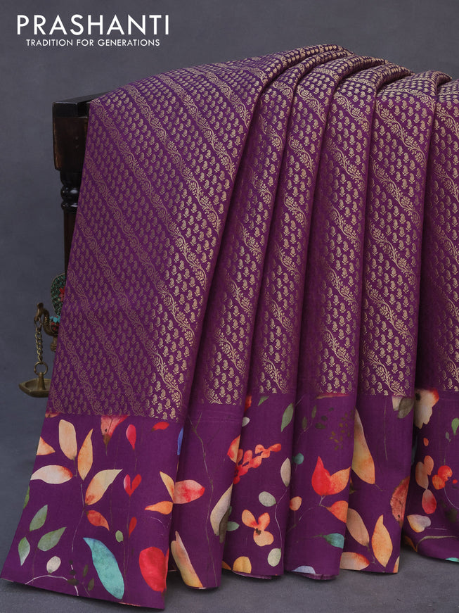 Banarasi silk saree purple with allover zari woven brocade weaves and floral digital printed border