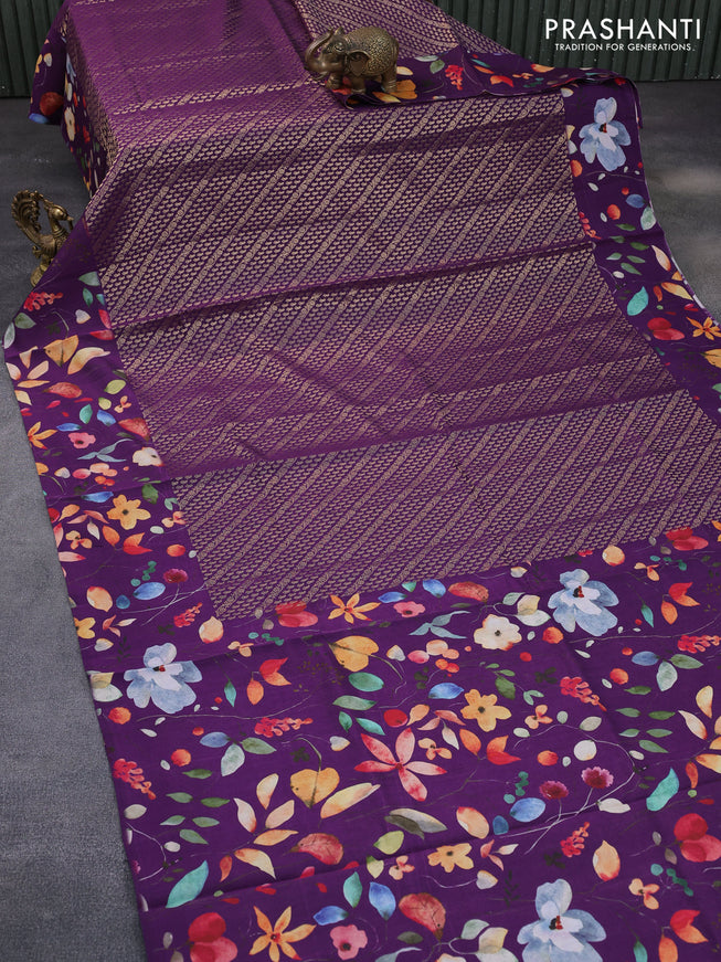 Banarasi silk saree purple with allover zari woven brocade weaves and floral digital printed border