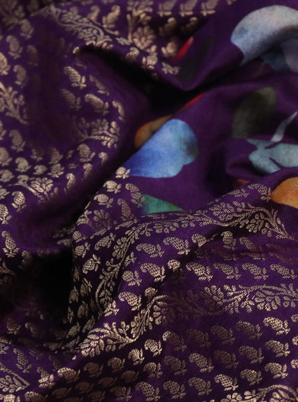 Banarasi silk saree purple with allover zari woven brocade weaves and floral digital printed border