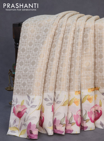 Banarasi silk saree cream with allover zari woven brocade weaves and floral digital printed border