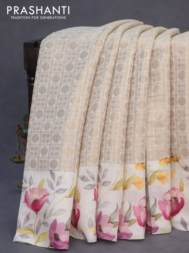 Banarasi silk saree cream with allover zari woven brocade weaves and floral digital printed border