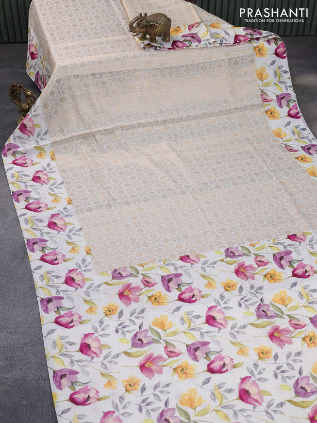 Banarasi silk saree cream with allover zari woven brocade weaves and floral digital printed border