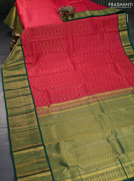 Pure kanchipuram silk saree dark pink and green with allover zari weaves & buttas and long zari woven korvai border