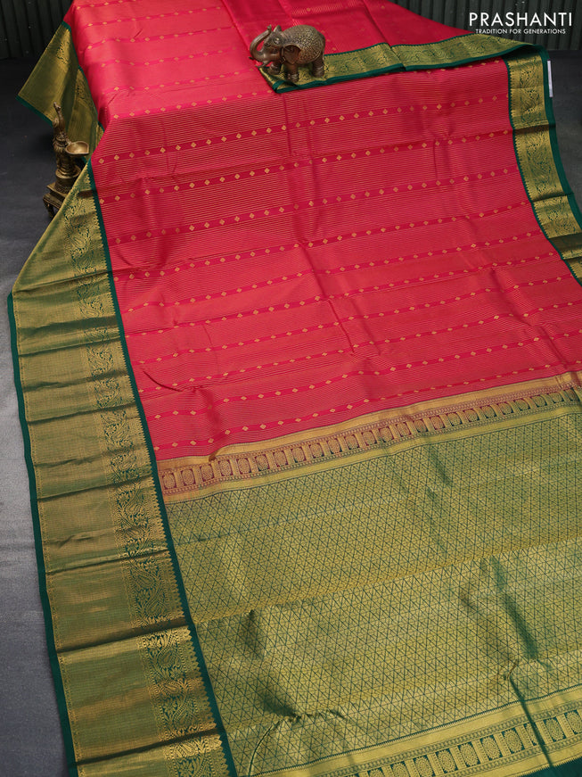 Pure kanchipuram silk saree dark pink and green with allover zari weaves & buttas and long zari woven korvai border