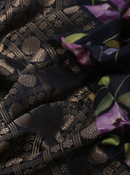 Banarasi silk saree black with allover zari woven brocade weaves and floral digital printed border