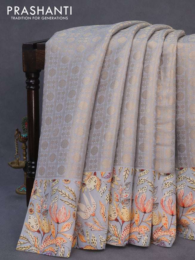 Banarasi silk saree grey with allover zari woven brocade weaves and floral digital printed border