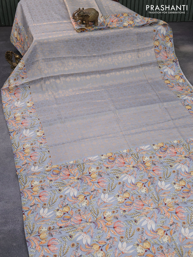 Banarasi silk saree grey with allover zari woven brocade weaves and floral digital printed border