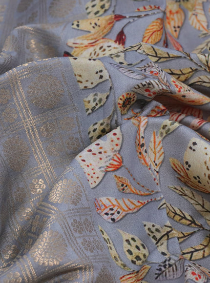 Banarasi silk saree grey with allover zari woven brocade weaves and floral digital printed border