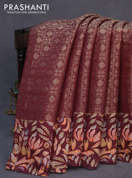 Banarasi silk saree maroon with allover zari woven brocade weaves and floral digital printed border