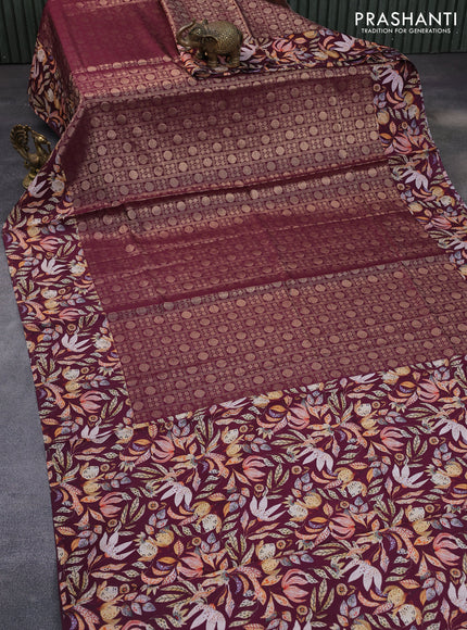 Banarasi silk saree maroon with allover zari woven brocade weaves and floral digital printed border