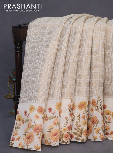 Banarasi silk saree cream with allover zari woven brocade weaves and floral digital printed border