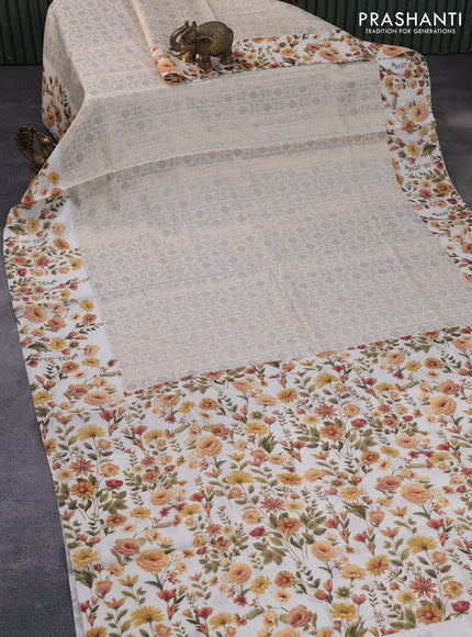 Banarasi silk saree cream with allover zari woven brocade weaves and floral digital printed border