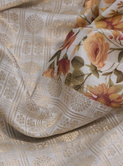 Banarasi silk saree cream with allover zari woven brocade weaves and floral digital printed border