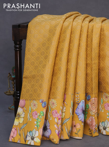 Banarasi silk saree mustard yellow with allover zari woven brocade weaves and floral digital printed border