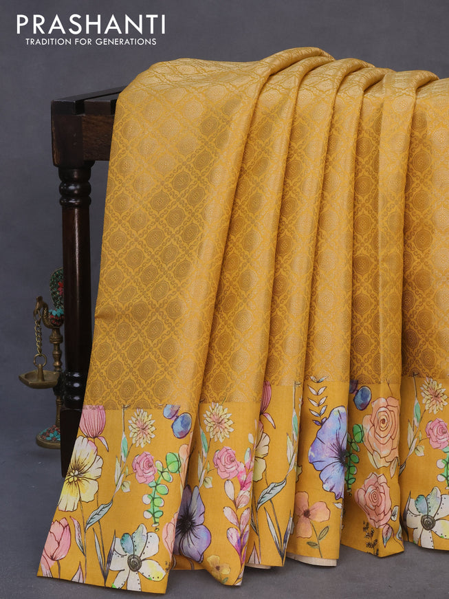 Banarasi silk saree mustard yellow with allover zari woven brocade weaves and floral digital printed border