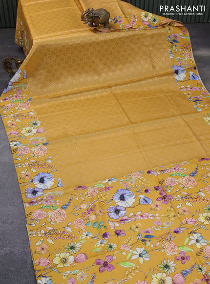 Banarasi silk saree mustard yellow with allover zari woven brocade weaves and floral digital printed border