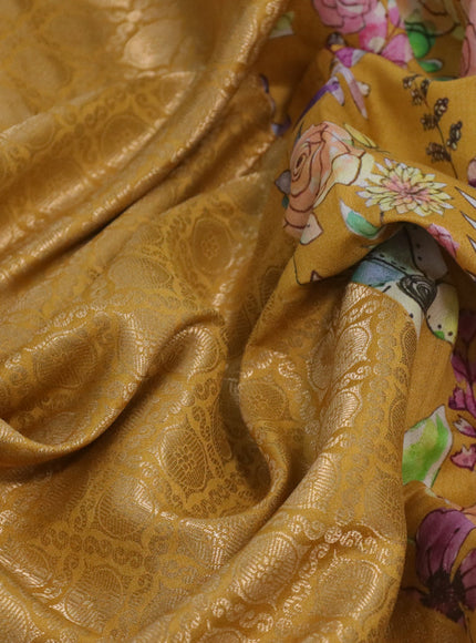 Banarasi silk saree mustard yellow with allover zari woven brocade weaves and floral digital printed border