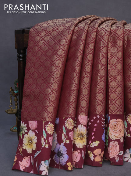 Banarasi silk saree maroon with allover zari woven brocade weaves and floral digital printed border