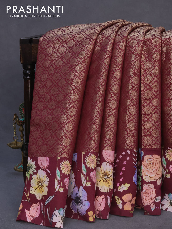 Banarasi silk saree maroon with allover zari woven brocade weaves and floral digital printed border