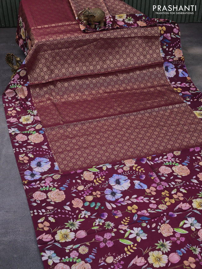 Banarasi silk saree maroon with allover zari woven brocade weaves and floral digital printed border