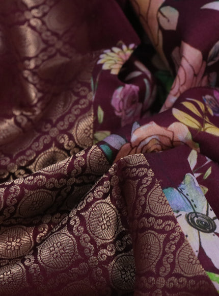 Banarasi silk saree maroon with allover zari woven brocade weaves and floral digital printed border