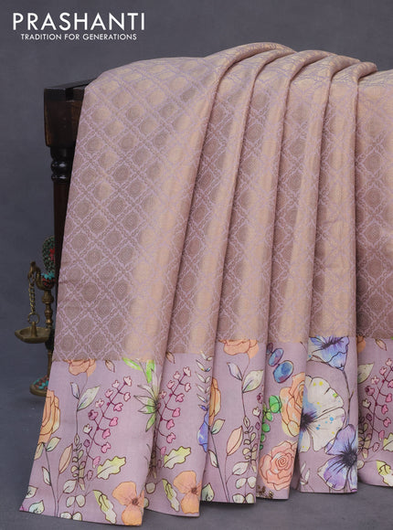 Banarasi silk saree pastel lavender with allover zari woven brocade weaves and floral digital printed border