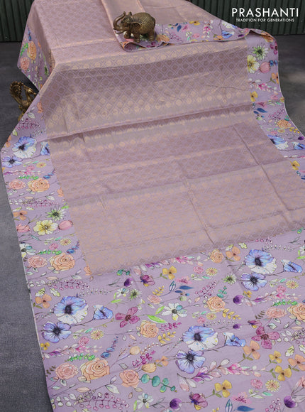 Banarasi silk saree pastel lavender with allover zari woven brocade weaves and floral digital printed border