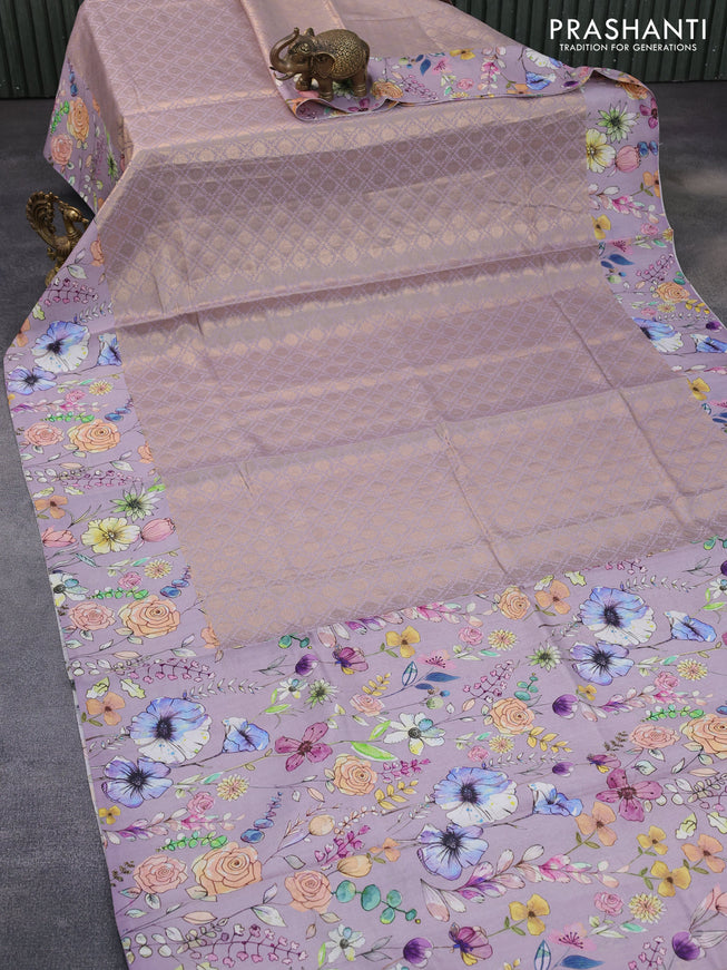 Banarasi silk saree pastel lavender with allover zari woven brocade weaves and floral digital printed border