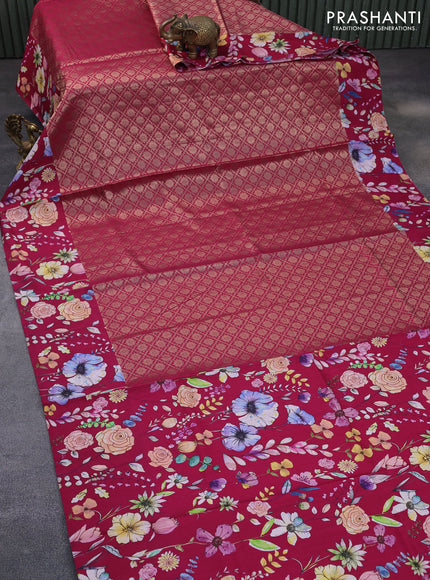 Banarasi silk saree dark pink with allover zari woven brocade weaves and floral digital printed border