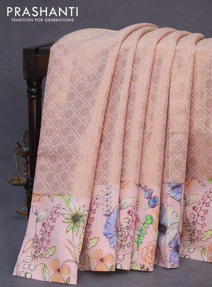 Banarasi silk saree peach shade with allover zari woven brocade weaves and floral digital printed border