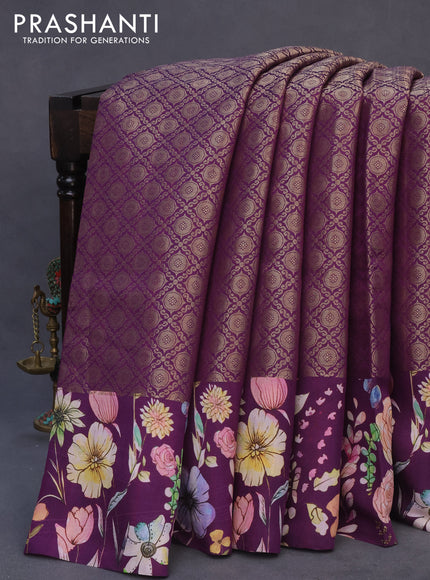 Banarasi silk saree deep purple with allover zari woven brocade weaves and floral digital printed border