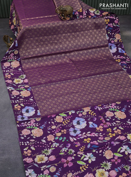 Banarasi silk saree deep purple with allover zari woven brocade weaves and floral digital printed border