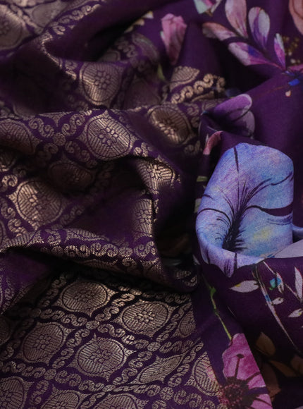 Banarasi silk saree deep purple with allover zari woven brocade weaves and floral digital printed border