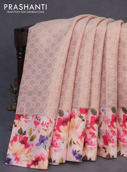 Banarasi silk saree peach shade with allover zari woven brocade weaves and floral digital printed border