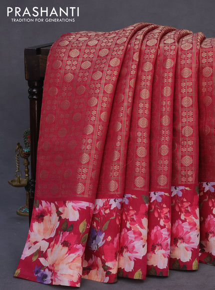 Banarasi silk saree dark pink with allover zari woven brocade weaves and floral digital printed border