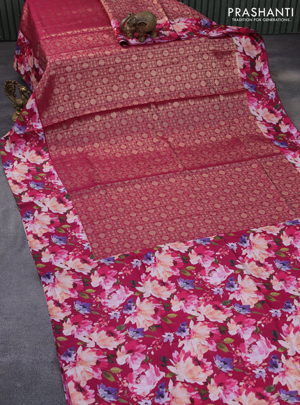 Banarasi silk saree dark pink with allover zari woven brocade weaves and floral digital printed border