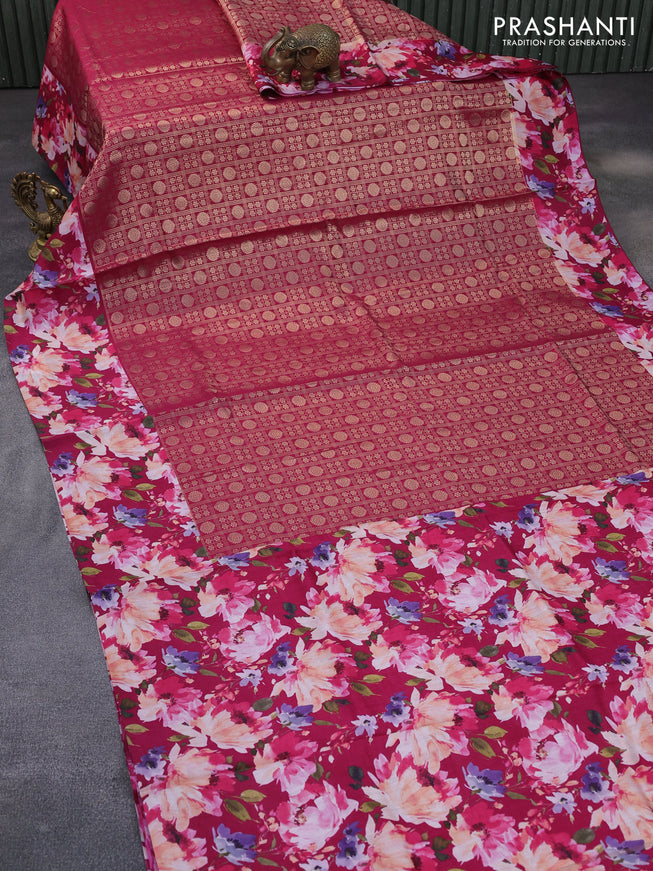 Banarasi silk saree dark pink with allover zari woven brocade weaves and floral digital printed border