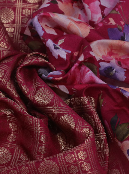 Banarasi silk saree dark pink with allover zari woven brocade weaves and floral digital printed border