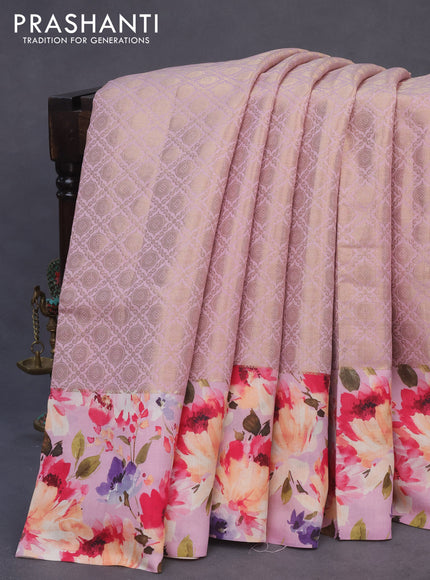 Banarasi silk saree lotus pink with allover zari woven brocade weaves and floral digital printed border