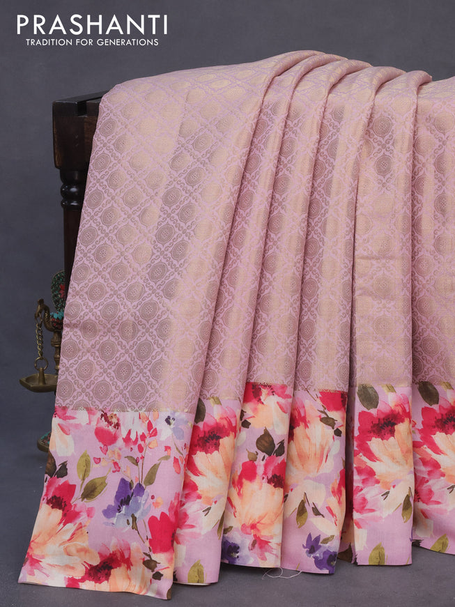 Banarasi silk saree lotus pink with allover zari woven brocade weaves and floral digital printed border