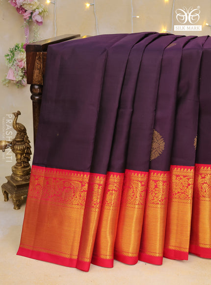 Pure kanchipuram silk saree deep purple and reddish pink with zari woven buttas and long zari woven korvai border