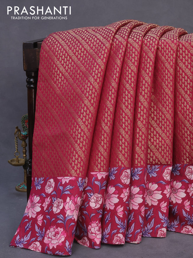 Banarasi silk saree magenta pink with allover zari woven brocade weaves and floral digital printed border