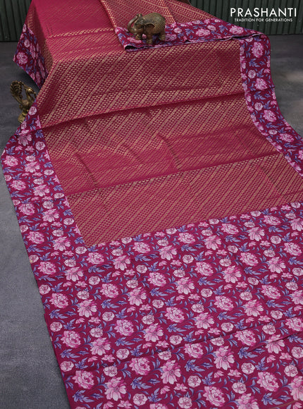 Banarasi silk saree magenta pink with allover zari woven brocade weaves and floral digital printed border