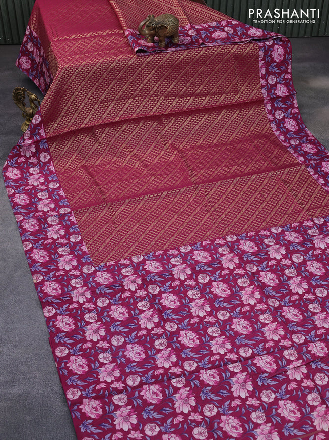 Banarasi silk saree magenta pink with allover zari woven brocade weaves and floral digital printed border