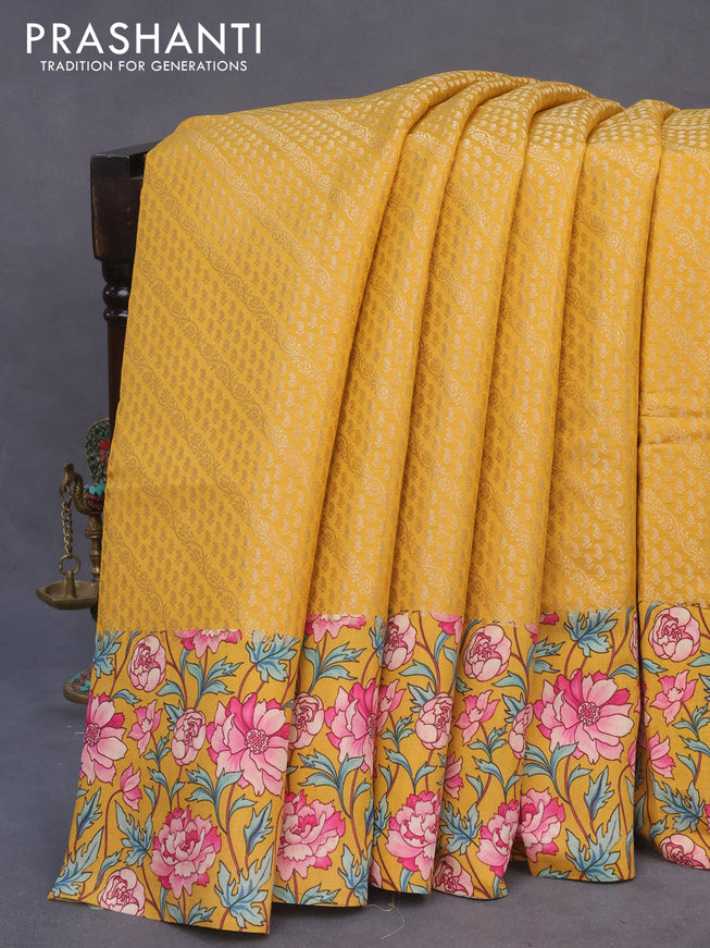 Banarasi silk saree mustard yellow with allover zari woven brocade weaves and floral digital printed border