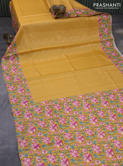 Banarasi silk saree mustard yellow with allover zari woven brocade weaves and floral digital printed border