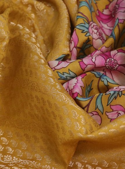 Banarasi silk saree mustard yellow with allover zari woven brocade weaves and floral digital printed border